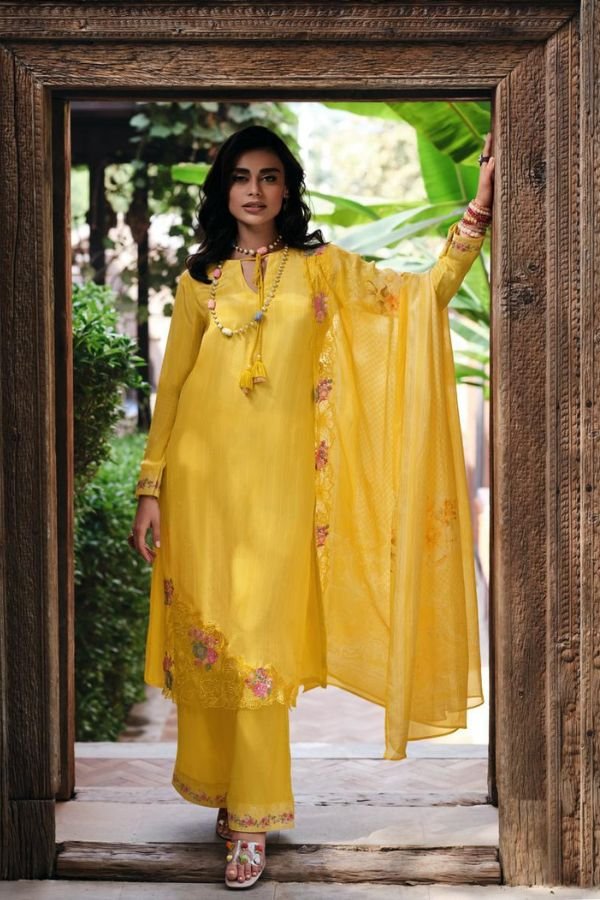 Viscose Chinnon Chiffon With Self Woven & Embroidery Suit Yellow Color