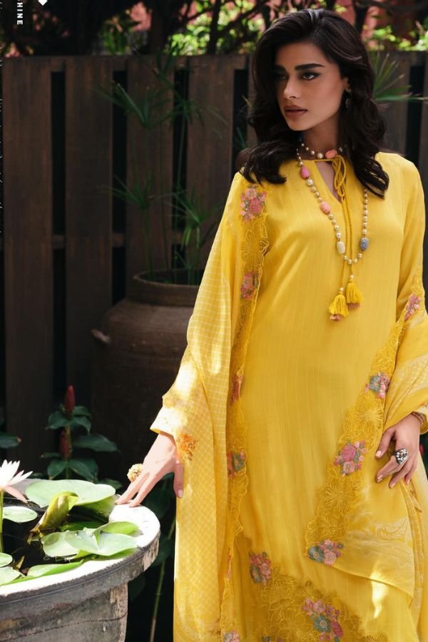 Viscose Chinnon Chiffon With Self Woven & Embroidery Suit Yellow Color