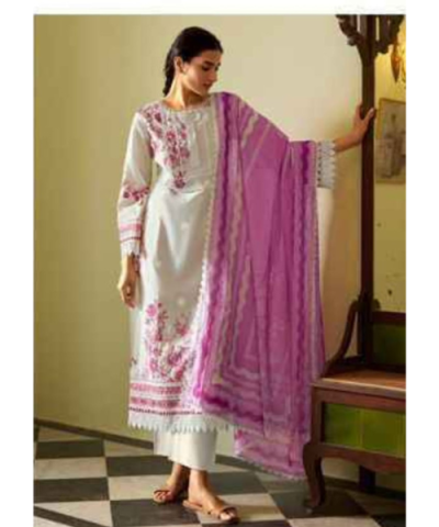 Elegant Pure Mul Cotton Embroidered Suit Set with Dupatta – White & Pink